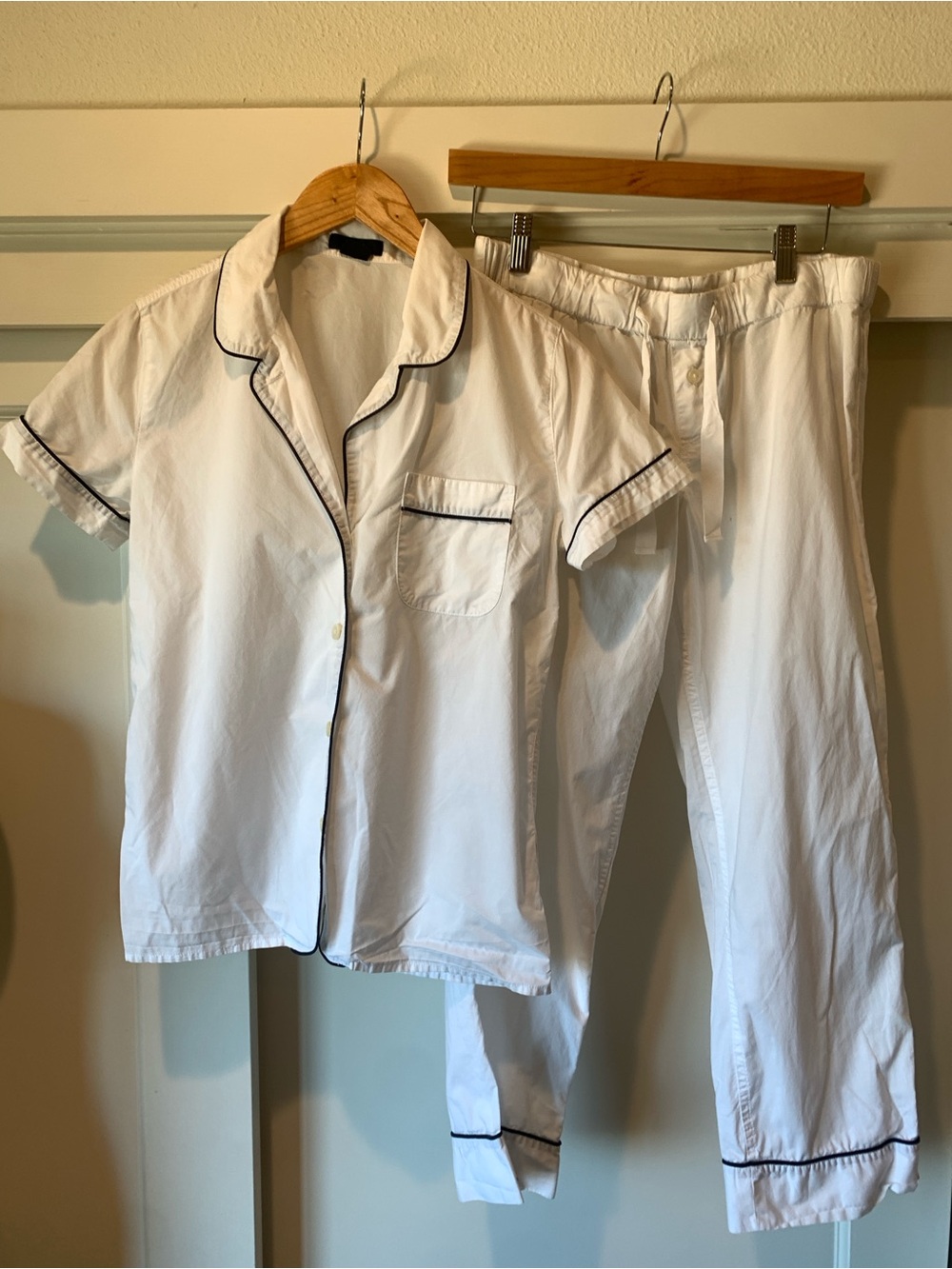 J. Crew White Cotton Pajama Set with Navy Piping